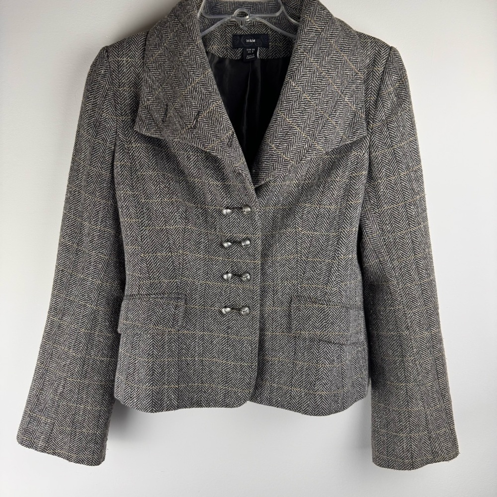 Womens Blazer Size US 8 EU 38 Gray Herringbone H&M Wool Blend Jacket